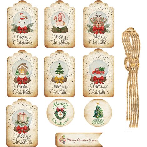 Etiquettes Cadeaux Noël - Papier Kraft Épais 250 g/m² - Corde en Jute Incluse - 60 Pièces - 10 Modèles Différents - Pour Emballage Cadeaux et Projets DIY (1/5)