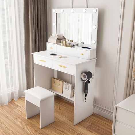 Coiffeuse avec Miroir  Tabouret Ampoules LED Tricolores 4 Tiroir Rangement 80x40x137cm Table de maquillage Moderne Avec Prise-Support sèche-cheveux Blanc