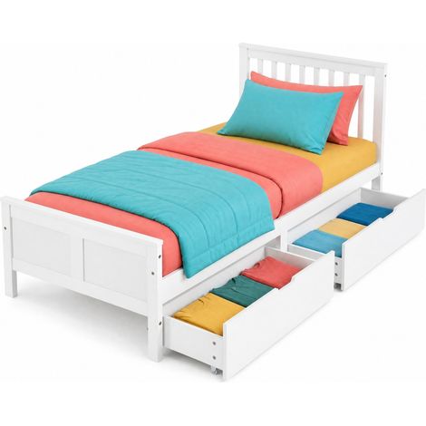 Lit simple 1 place 90x200 avec 2 tiroirs de rangement, cadre en bois et MDF blanc, style minimaliste stable pour chambre adulte ou ado - CHICFURN (1/5)