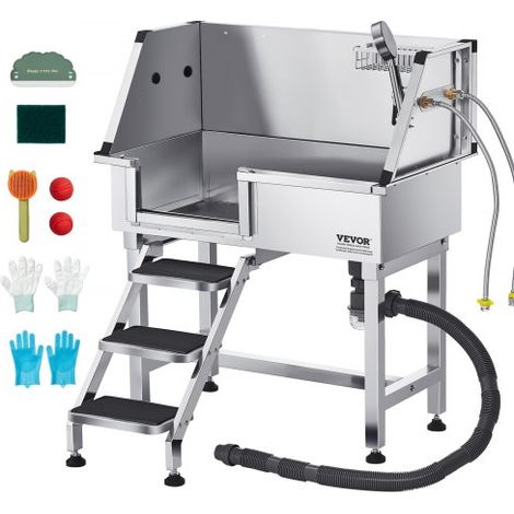Baignoire de Chien Acier Inoxydable, Baignoire de Toilettage pour Animaux de Compagnie 87 cm Station de Lavage Chat, avec Escalier à Gauche, Robinet, Pommeau de Douche, Porte-savon, Porte Gauche (1/3)