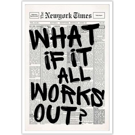 Affiche murale poster citation positive minimaliste « What If It All Works Out » journal rétro noir et blanc sur toile, 20,3 x 30,5 cm, sans cadre (1/5)