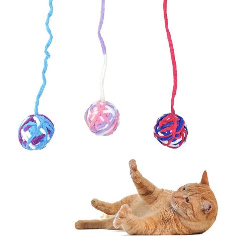3 Pcs Chat Jouet Boules, Interactif Jouet pour Chaton avec Cloche et Corde, Jouets Boules de Laine colorées ou Chats d'intérieur Jouant (1/5)