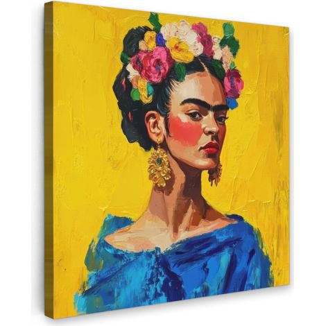 TABLEAU SUR TOILE Frida Kahlo - Femme - Jaune - Bleu - Fleurs Tableau Chambre Adulte 90x90 cm