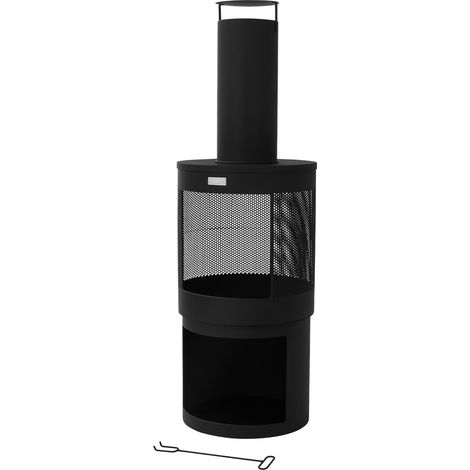 ML-Design Foyer de Jardin avec Cheminée, 131x45 cm, Rond, Noir, en Acier, Poêle de Terrasse Extérieur avec Tisonnier, Toit Amovible & Support à Bois, Brasero en Forme de Coupe/Panier à Feu Camping