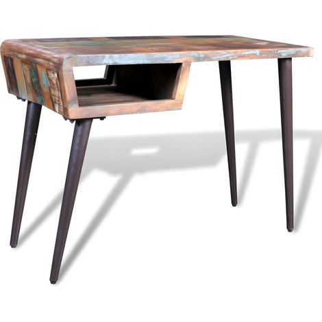 Bureau table meuble travail informatique avec pieds en fer bois de récupération (1/5)