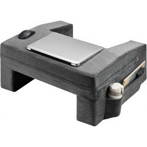 Almohada de Lectura, Almohada Grande para Cama 61x53,3x29 cm con Paño Lavable, 2 Bolsillos y Portavasos, Reposacabezas de Espuma Viscoelástica para Leer, Jugar, Descansar y Trabajar, Gris (1/5)