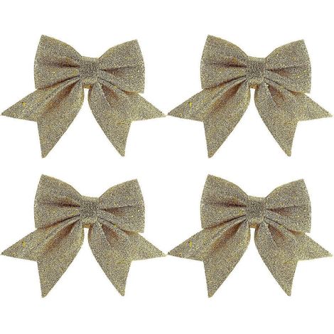 Lot de 4 nœuds décoratifs de Noël dorés à paillettes, imprimés sur le thème du sapin, pour centre commercial. (1/3)