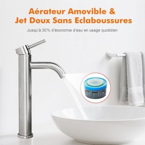 Robinet lavabo haut en acier inoxydable brossé – Bec haut avec aérateur économiseur d'eau – Installation facile – Surface élégante