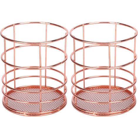 Lot de 2 porte-stylos ronds, panier de rangement de bureau en métal doré rose, boîte de rangement pour maquillage (1/5)