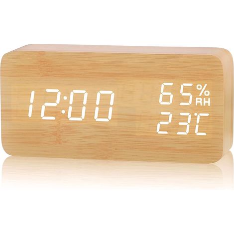 Elektronischer LED-Wecker aus Holz, Digitaluhr mit 3 Alarmeinstellungen, USB-betriebener digitaler Wecker mit Anzeige von Zeit, Temperatur und Luftfeuchtigkeit, 12/24 Stunden