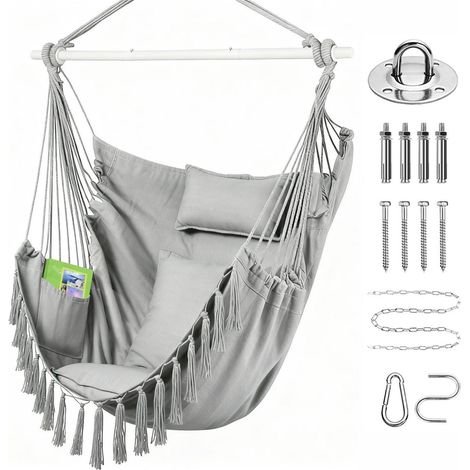 Hängesessel extra groß mit 3 Kissen, Seitentasche, Boho-Quasten, grau (1/5)