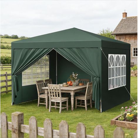 Gazebo pieghevole 300x300 cm, altezza regolabile, con 2 porte con cerniera e pareti avvolgibili, Oxford verde (1/5)