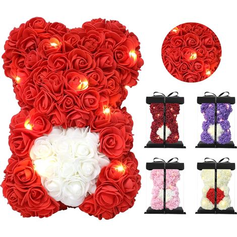Ours En Roses - 25 Cm - Avec Guirlande Lumineuse - Boîte Cadeau Transparente - Idéal Pour Saint-Valentin Anniversaire Fête Des Mères (1/5)