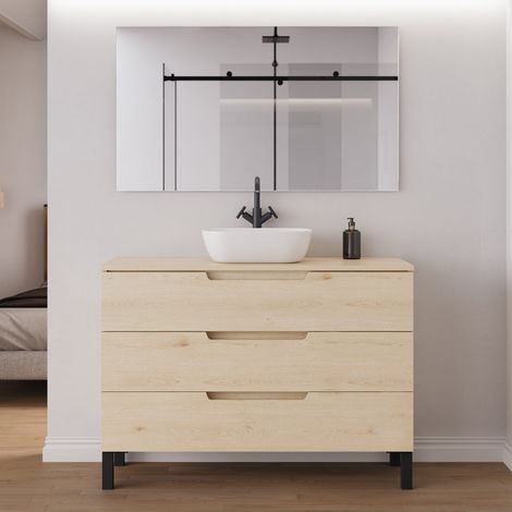 Meuble de salle de bain 120cm avec plateau et vasque à poser arrondie - 3 tiroirs - roble calima (bois clair) - RIZA (1/5)