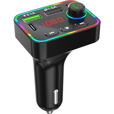 FM-Radio-Transmitter mit Telefonladegerät HZ-BT-F4, 87,5 MHz bis 108,0 MHz, Bluetooth, 2× USB, schwarz, mit Hintergrundbeleuchtu