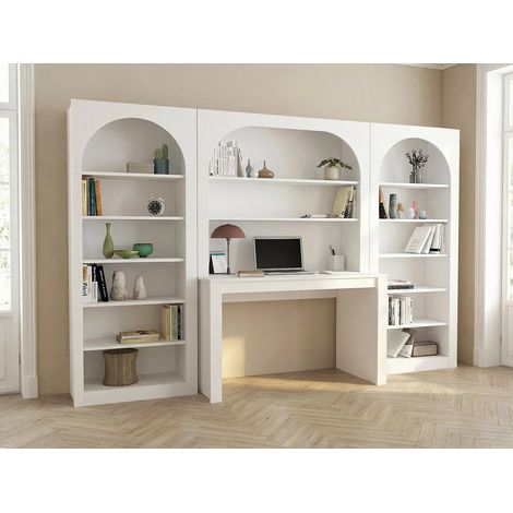Bureau bibliothèque avec 2 étagères et 12 niches - Blanc - CYMORA (1/5)