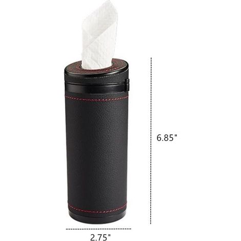Dispensador cilíndrico de pañuelos para coche, caja de pañuelos de cuero para el interior del coche (negro) (1/5)