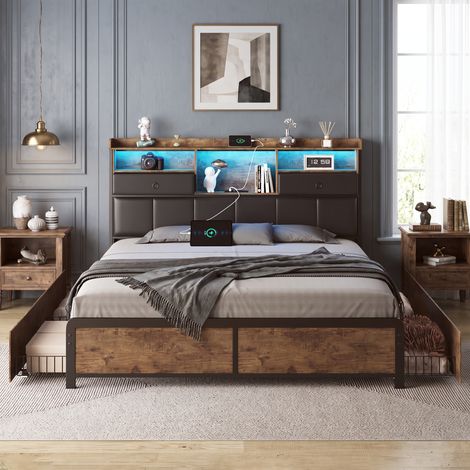 Superaly - Lit Coffre 140x200cm avec 4 Tiroirs - Lit Double Capitonné avec Éclairage LED - Port USB - Tête de Lit avec Espace de Rangement - Lit Adulte Style Industriel - Sommier à lattes - PU - Noir (1/5)