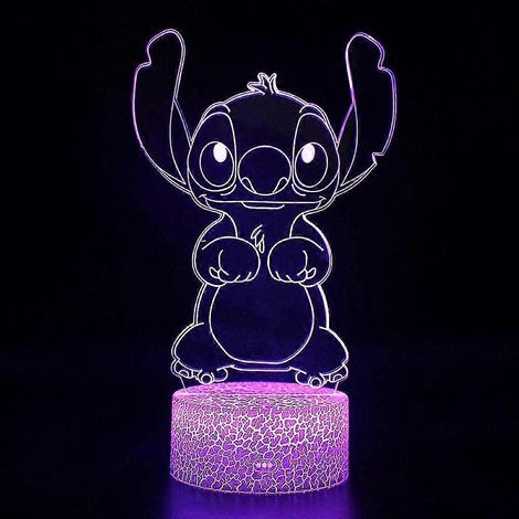 Lampe LED 3D Stitch - Veilleuse lumineuse - Décoration pour chambre d'enfant avec télécommande - Cadeau de Noël idéal - Socle fissuré - 7 couleurs - Blanc B (1/5)