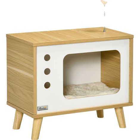 Cama para gatos, diseño cerrado, cojín suave extraíble, roble, 50x28x43 cm (1/2)