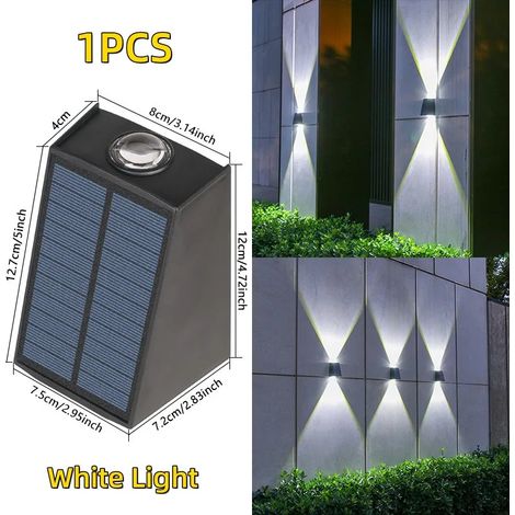 (1 pièce - Lumière blanche) Applique murale solaire à 2 LED étanche, éclairage extérieur pour jardin, balcon ou villa. Éclairage lumineux vers le haut et vers le bas. Compatible avec les rues, balcons (1/5)