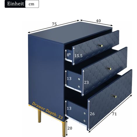 Commode à tiroirs avec 3 tiroirs,un buffet pour la chambre et tous les salons,H89/W75/D40 cm bleu marine