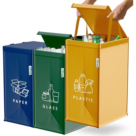 Ensemble 3 Sacs de Tri Sélectif - 40L Chacun - Tissu Renforcé et Rigide - Gestion Déchets Plastique Papier Verre - Pour Cuisine Garage Sous Évier - Noir (1/5)