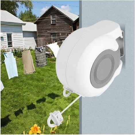 Étendoir à linge double rétractable et extensible pour extérieur, fixation murale, réglable, blanc, dimensions totales : 20,5 x 16 x 10 cm (1/5)