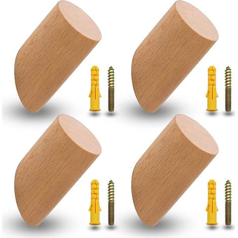 Set mit 4 Kleiderhaken aus Buche, Kleiderhaken aus Holz, Wandhaken mit 4 Schrauben und Erweiterungsrohren für Büro, Küche, Zuhause, Kleidung (6 cm) (1/5)