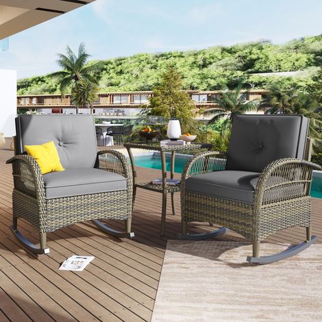 Set tavolo e sedie da giardino (1 tavolo 49x49x61cm + 2 poltrone) sedia a dondolo con cuscino, portata 160kg, grigio (1/5)