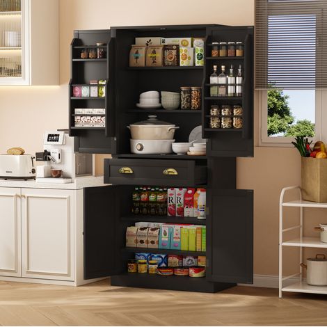 Aparador negro, aparador alto con 4 puertas y 1 cajón, 6 compartimentos y 4 estantes ajustables, manijas negras, para cocina, comedor, salón (1/5)