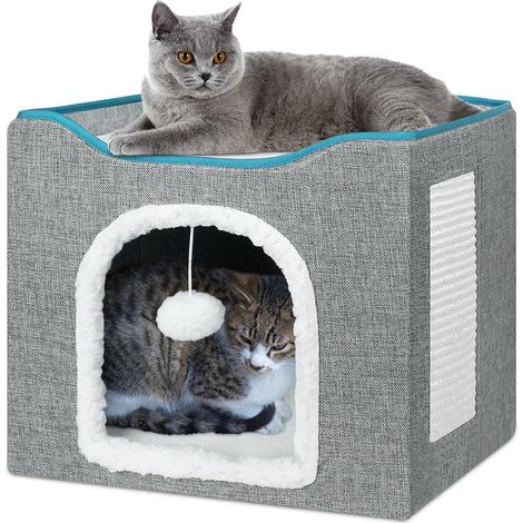 Lit pour Chat Pliable, Niche Grise pour Chat d’Intérieur avec Planche à Grattoir et Balle pour Chats, 40 x 40 x 32 cm (1/5)