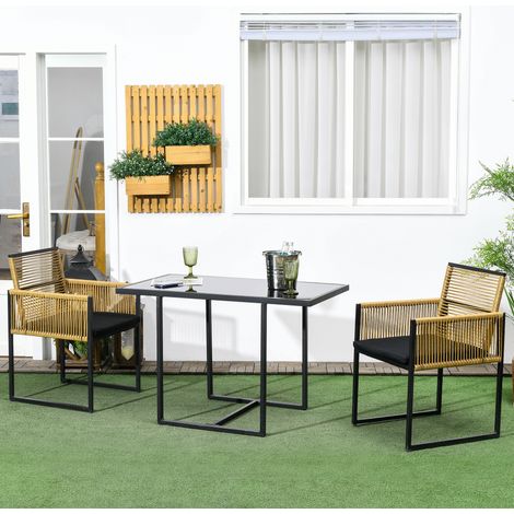 Ensemble table verre + 2 chaises rotin synthétique dossiers pliants imbriqués coussins naturel/noir (1/4)