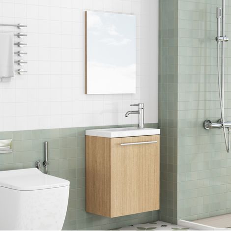 Meuble vasque mural de salle de bain avec lavabo céramique et miroir, coloris chêne, MDF (1/5)