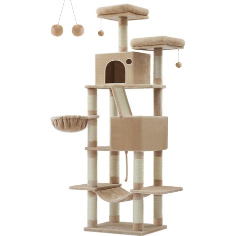 Feandrea – Arbre à chat 206 cm – 13 griffoirs – 2 niches et 2 plate-formes – Panier et hamac en tissu peluche – Multi-niveaux pour chats d'intérieur