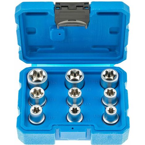 Juego de 9 vasos Torx hembra E10 a E24 para carraca 1/2". Herramienta duradera y precisa para mecánica, automoción y talleres profesionales.