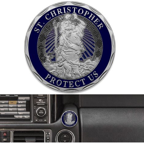 Médaille Saint Christophe pour Voiture Ø 4cm Médaille Saint Christophe Protège-Nous Reviens en Bonne Santé Cadeau avec 1 Aimant en Fer et 3 Autocollants Double Face (Vieux Argent) (1/5)
