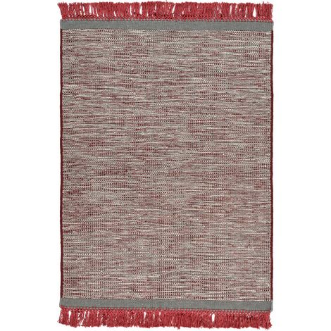 Tapis frangé tissé main laine gris rouge intérieur - gris chiné avec rouge brique (1/4)