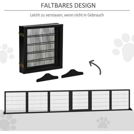Barrière de sécurité pour chien, portail pliable en pin 432x36x70cm, grille de protection animale, barrière escamotable double sens pour porte, clôture intérieure réglable. (1/5)