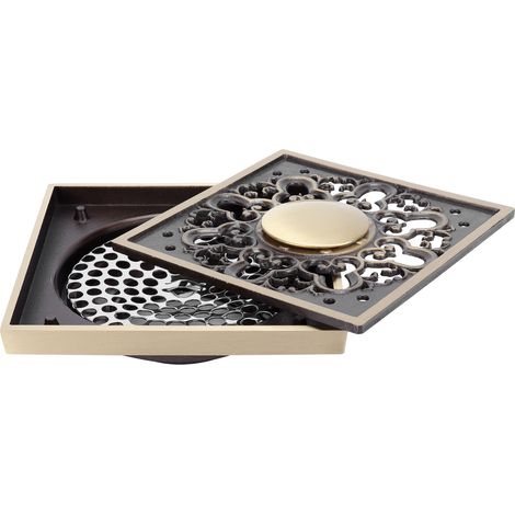 Kit de siphon de sol désodorisant en cuivre antique, encastré, pour douche, cuisine et salle de bain, profondeur 10 x 10 cm. (1/5)