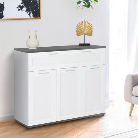 VITO Aparador de 100 cm con 3 puertas y 1 cajón, tapa blanca y gris