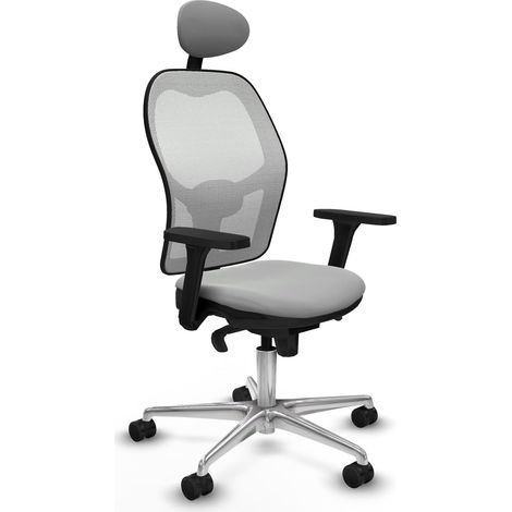 Jorquera sincro malla blanca similpiel gris claro brazos 3D base aluminio cabecero fijo ruedas 65mm nailon (1/5)