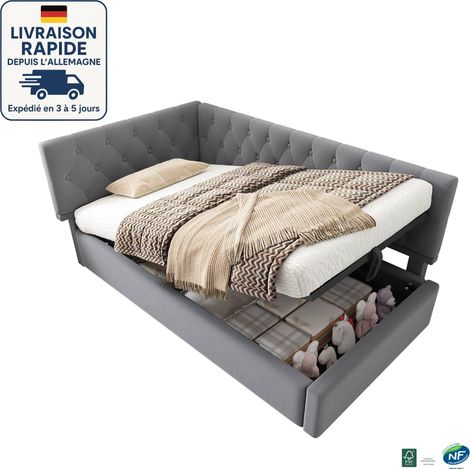 MODFU - Letto contenitore per bambini 90x190cm, idraulico, divano letto imbottito, rete a doghe, senza materasso, velluto, grigio (1/5)
