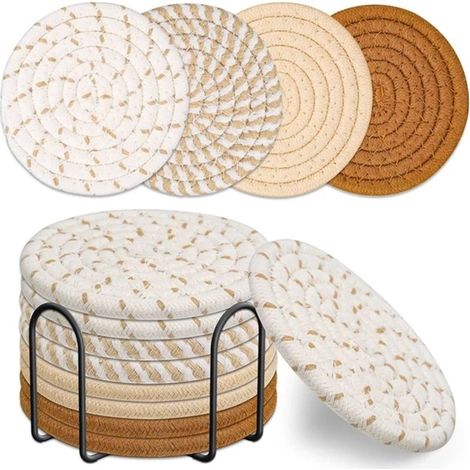 Lot de 8 sous-verres tissés en coton, tons kaki, set assorti pour table et boissons (1/4)