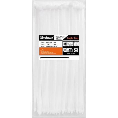 Kabelbinder 300mm x 7,6mm, 100 Stück, 55kg Zugfestigkeit, UV-Beständig, Weiß (1/5)