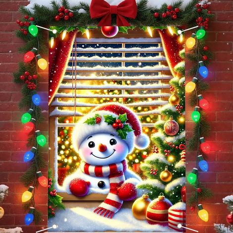 Bannière de Noël à suspendre à la fenêtre, décoration festive, toile de fond bonhomme de neige et Père Noël pour les fêtes de fin d'année - 80 x 120 cm (polyester) - 7