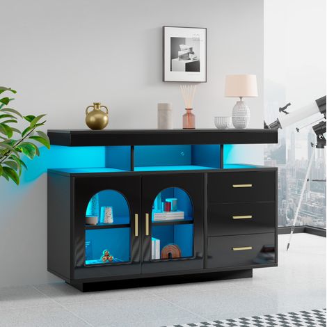 Sideboard Buffetschrank 120x40x80 cm, mit LED-Beleuchtung, 3 Schubladen, Hochglanz, Spanplatte, Schwarz (1/5)