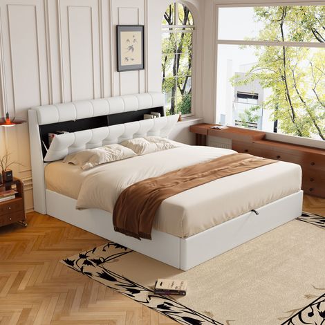 Cadre de lit capitonné moderne 140x190, coffre de rangement hydraulique avec tiroirs intégrés, tête de lit escamotable, cuir PU, sommier à lattes inclus, blanc, sans matelas