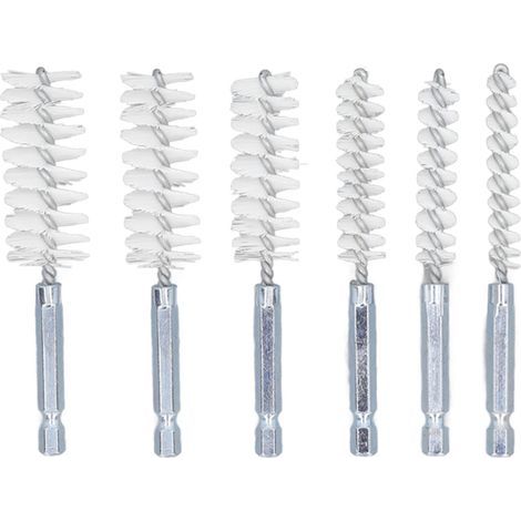 Ortviai Brosse de nettoyage pour alésage 6 pièces en nylon blanc, tiges torsadées antirouille, manche hexagonal 1/4" pour perceuse
