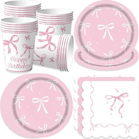 Ensemble de vaisselle de fête en forme de nœud rose assiettes d'anniversaire gobelets de princesse assiettes en carton pour fille femme anniversaire d'enfant (1/5)